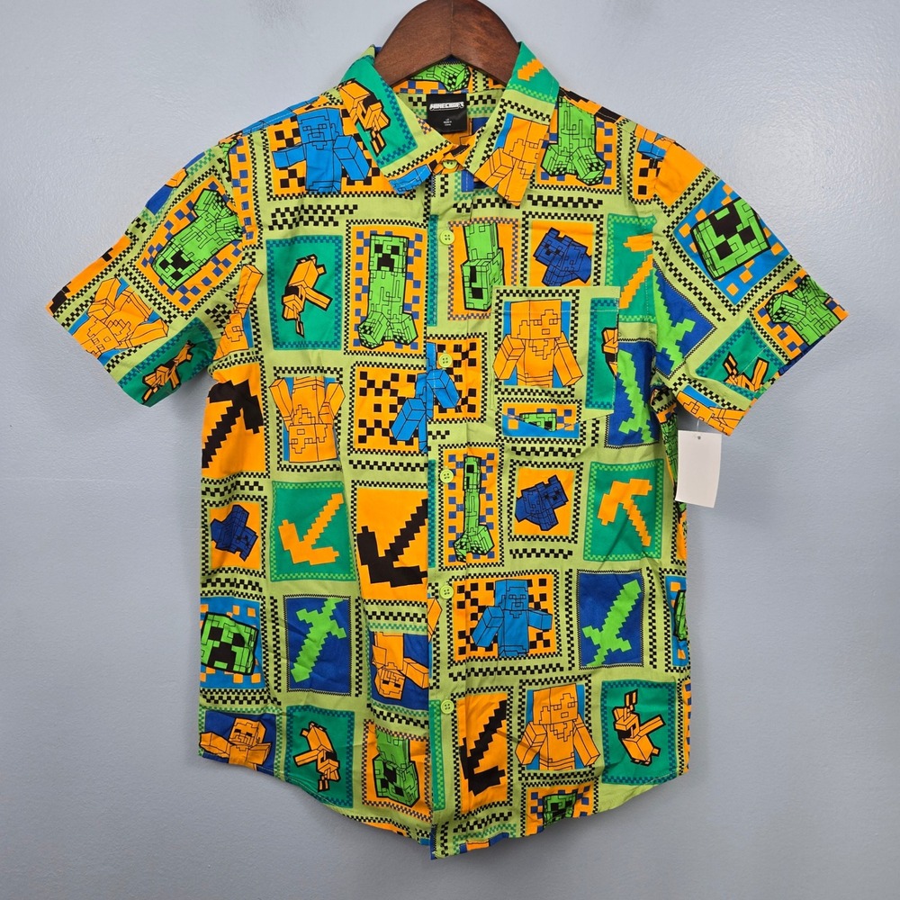 Minecraft Short Sleeve Button Up Shirt‎ Boys Kids Size Large Green Minecreeper